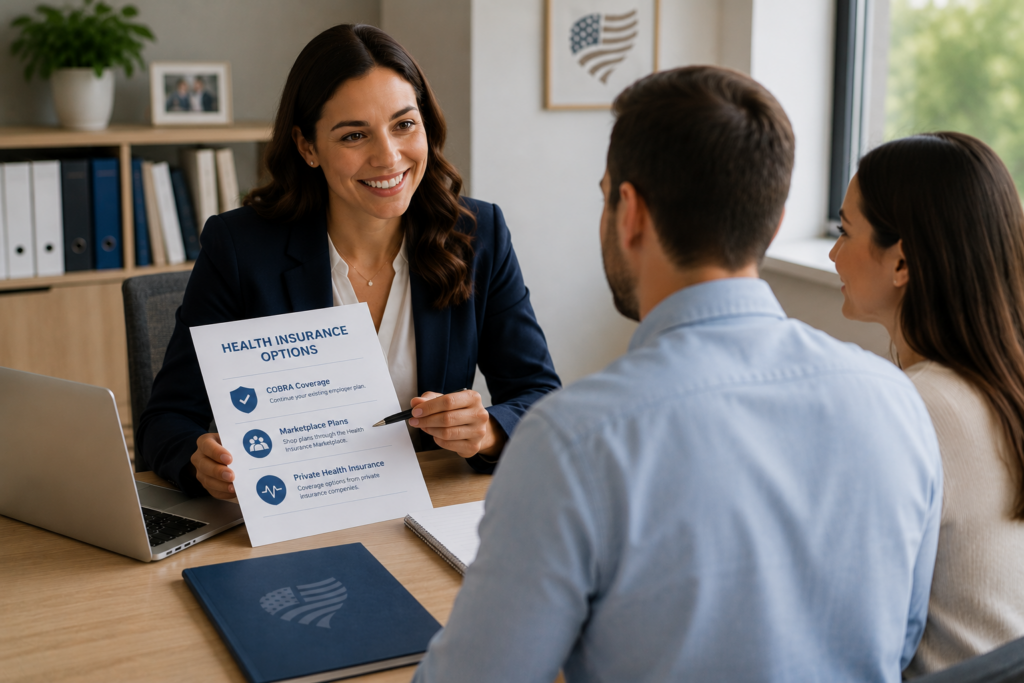 Licensed health insurance advisor helping clients compare coverage options during a personalized insurance consultation.