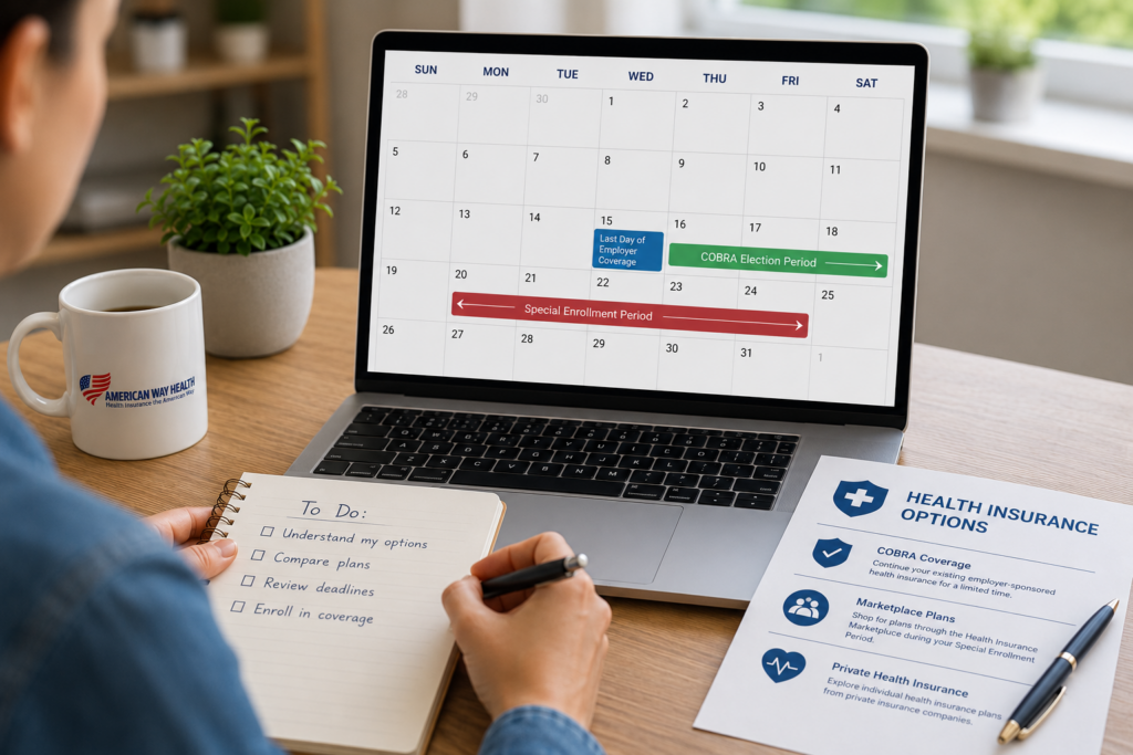 Person reviewing health insurance enrollment deadlines and Special Enrollment Period calendar after losing employer-sponsored coverage.