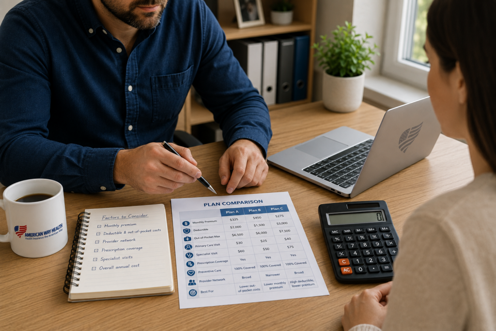 Individual comparing health insurance plans, costs, and coverage options with a plan comparison worksheet and calculator.
